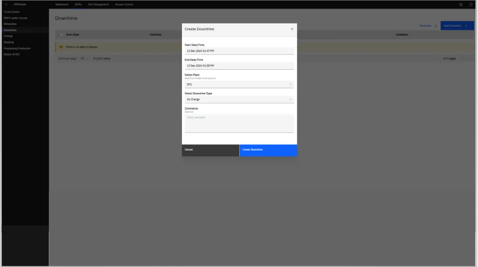 Interface Web de gestion des temps d’arrêt, avec un formulaire contextuel intitulé « Create Downtime » comprenant des champs pour la date et l’heure de début et de fin, le choix de l’équipement, le type d’arrêt et des commentaires, devant une barre de navigation latérale et un tableau de données.