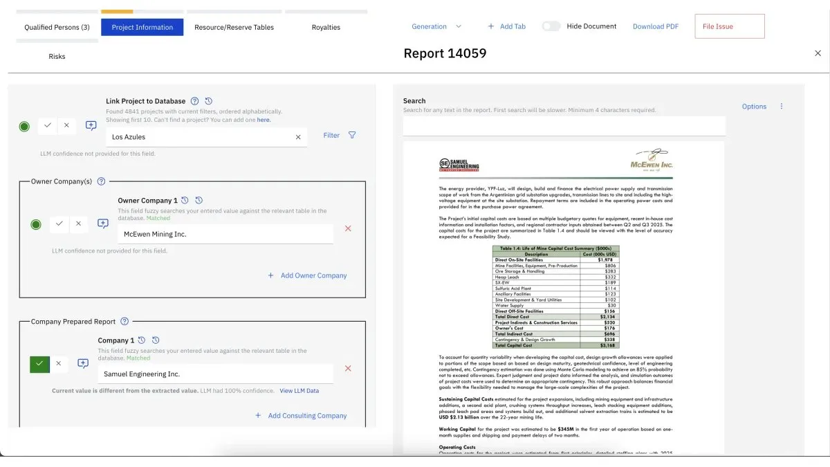 MineAI’s validation screen: fields extracted from a technical report (the linked project, the owner company, the company that prepared the report), each accepted or rejected beside the page of the source report they came from.
